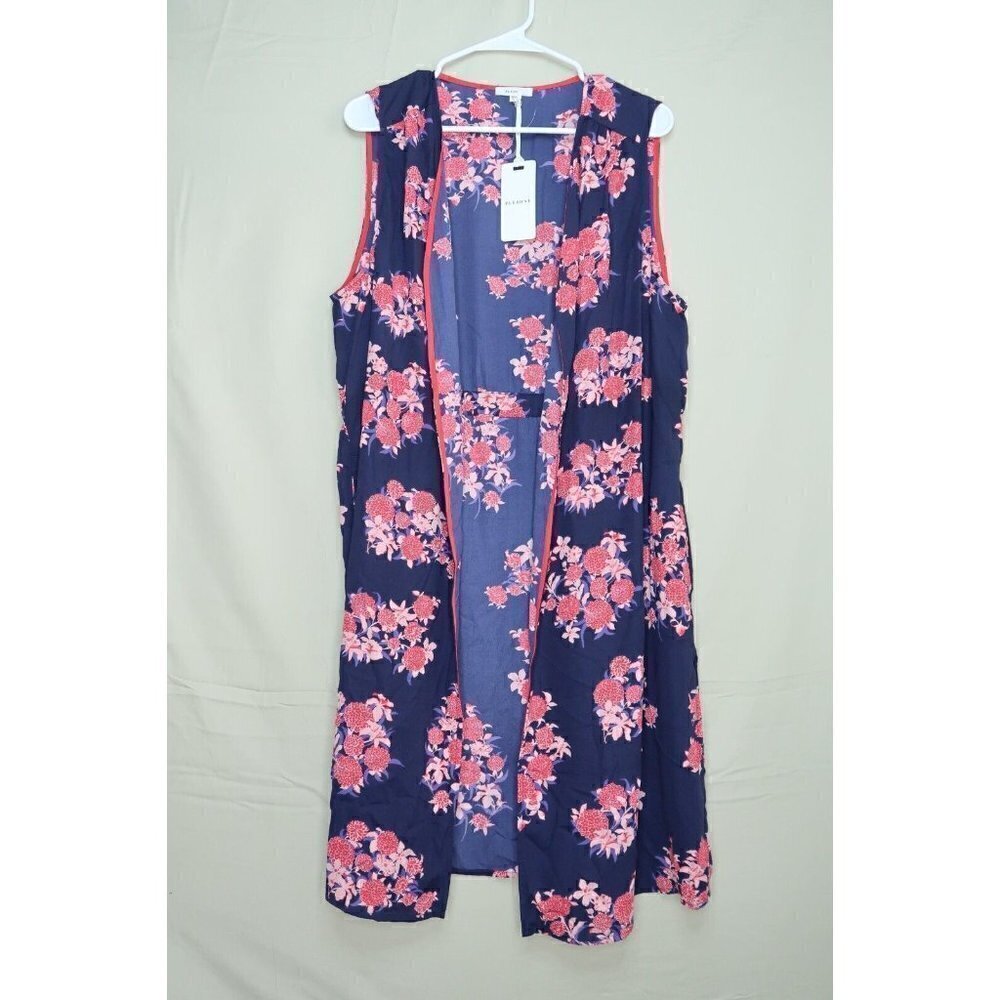 NWT Anthropologie Pleione Open Front Floral Duster Vest Pockets Navy Pink Large